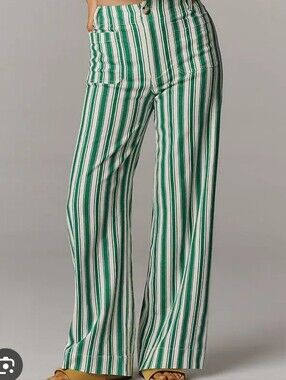Maeve Green and White Vertical-Stripe Wide-Leg Pants